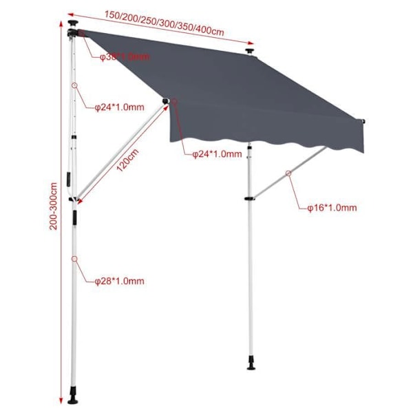 Butik med terrassmarkis med klämfäste och justerbart ben, installation utan borrning, bredd 250 cm, stålrör, anthracitfärgad tyg 10_ Guld
