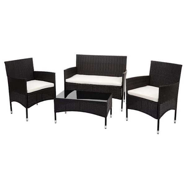 Havemøbler til balkon i brun polyrotin sofa, stole, bord, cremede puder