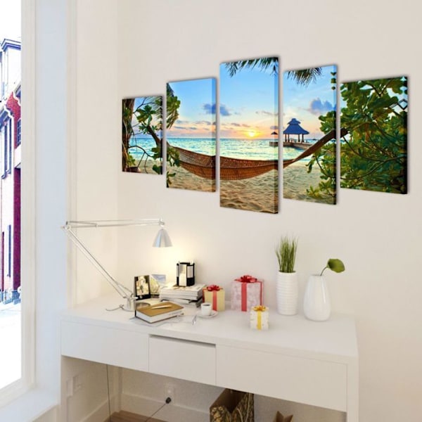 Set med 5 tryckta väggmålningar Strand med hängmatta 100 x 50 cm DEC022934 Flerfärgad