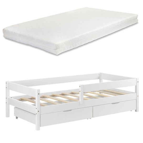 Barneseng med faldsikring, inkluderer madras og opbevaringsskuffer, hvidt fyrretræ 90 x 200
