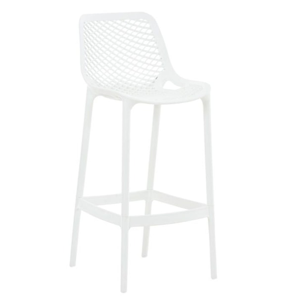 Barstol med moderne design, hvid plastik, indendørs eller udendørs med fodstøtte.