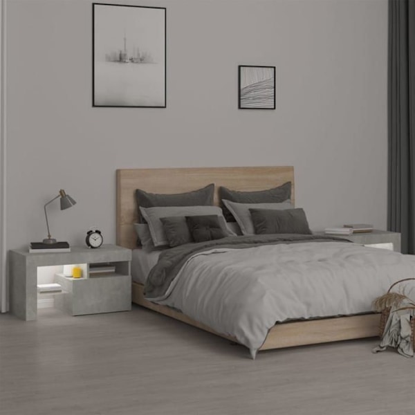Set av 2 sängbord med LED-lampor, förvaringsfack med dörr 70 x 36,5 x 40 cm ingenjörsträ grå DEC03530 kastanj