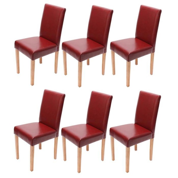 Set om 6 röda köksstolar i syntetmaterial med ljusa trädben, modern design