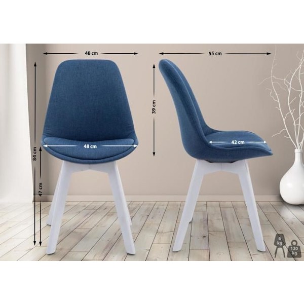 Matsalsstol x1 skandinavisk design i blått tyg med 4-fots ben i vitt trä 10_0003311 Vit