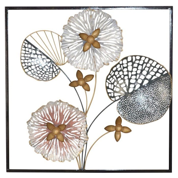 Seinänä decoration lehtikuviolla ja metallikukkasilla, rose ja kulta, 50 x 5 x 50.