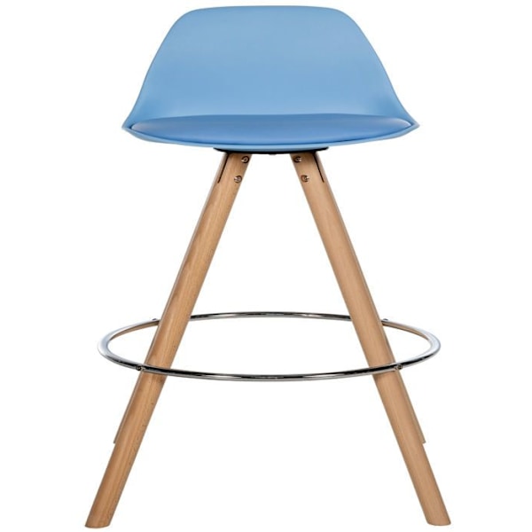 Barstool korkeaselkäinen x1 jalatuki skandinaavinen muovista ja PVC:tä sininen vaalean puun runko 10_0004623 Blå