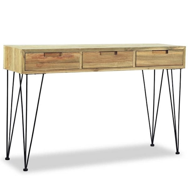 Moderni konsolipöytä, tarjotinpöytä laatikoilla 120 x 35 x 76 cm, massiivipuu teakia ja rautaa DEC031557 Flerfärgad