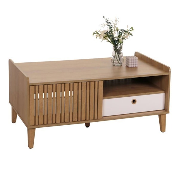 Mangopuun 52x114x59 cm kokoinen matala pöytä, jossa on 2 säilytyskomplimenta ja 1 valkoinen laatikko 04_0008454. Vit