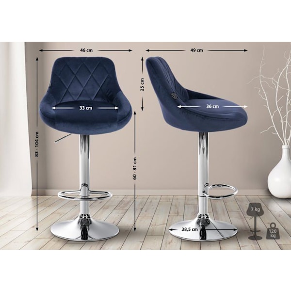 Barstol i blåt velour med dekorative syninger, roterende, metalstand i krom TDB10672 Blå