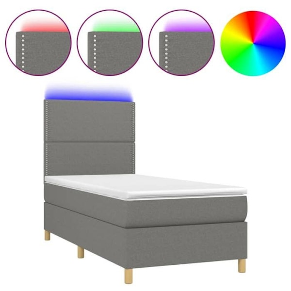 LED-sänkykehys, jossa on sängynpääty ja patja 100x200 cm tummanharmaata kangasta TDL0208437 Mörkgrå