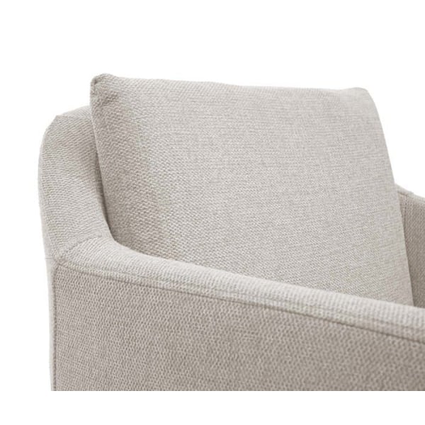 Ruokailuhuoneen tuoli, jossa pyöristetyt istuin- ja selkänojaosa, vaaleanbeige kangas. Beige