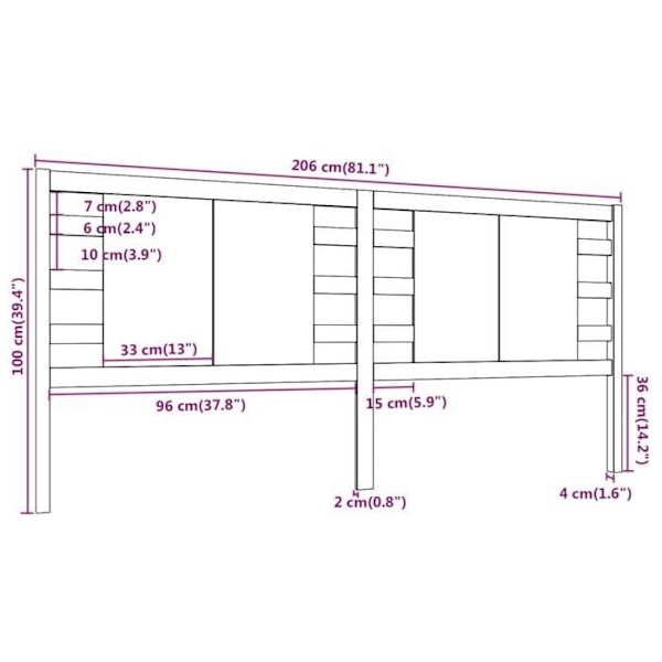 Hovedgærdet til seng, soveværelse, møbel 206 x 4 x 100 cm, massiv fyrretræ TDL0206090
