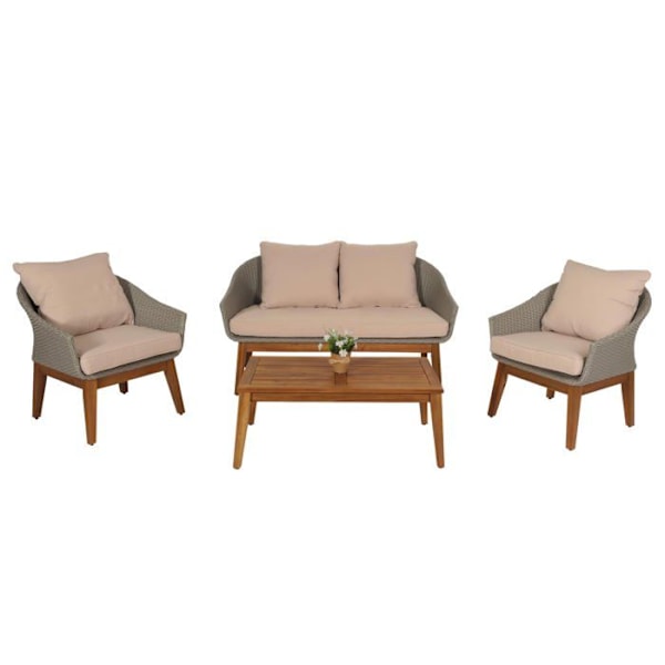 Salon i haven med sofa, stole og bord i poly rattan og akaciatræ med beige puder 04_0008322 Beige
