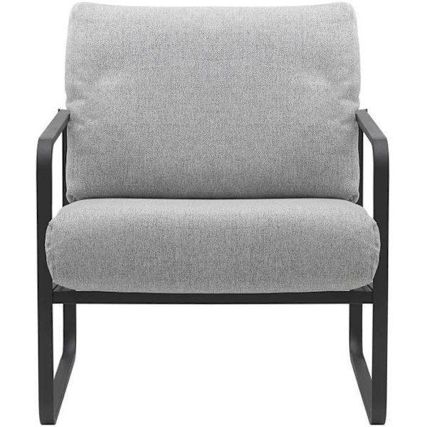 Design retro chic loungestol i lysegrå stof med ramme i mat sort metal 10_0002819 Grå