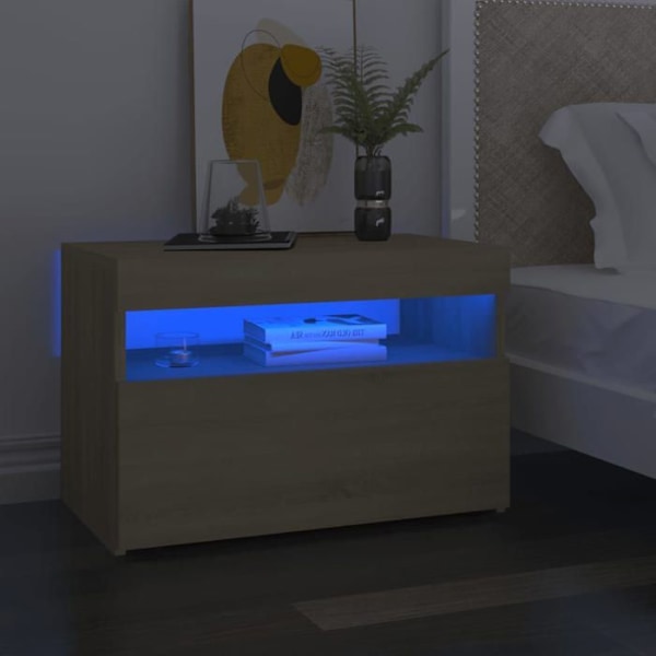 Sæt af 2 natborde med LED-lys og skab med dør 60 x 35 x 40 cm ingeniørtræ farve eg DEC036202 kastanj