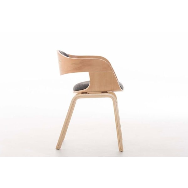 Kontorstol uden hjul, besøgende i stof og træ, retro design og komfort, minimal naturlig og lys grå.