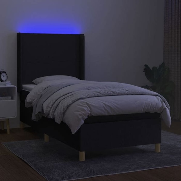 LED-sengestel med sengestel, hovedgærde og madras 80x200cm, sort stof TDL0209118
