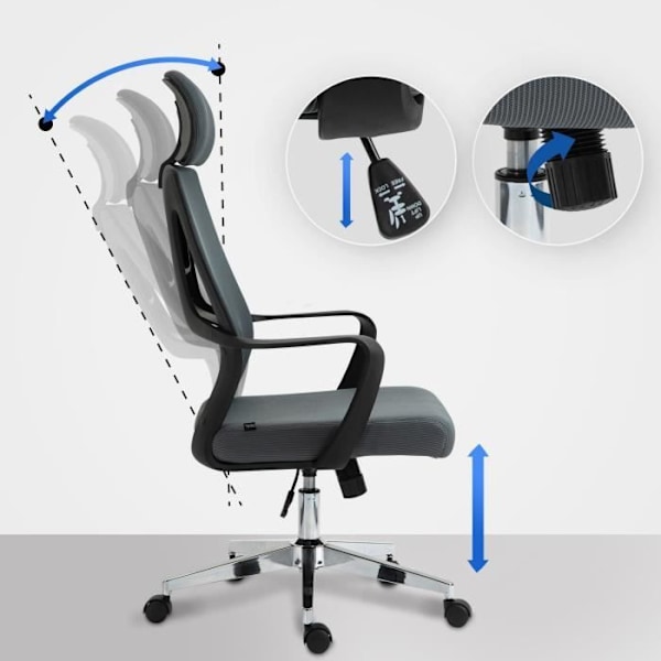 Ergonomisk kontorsstol i grå nät, justerbar höjd och svängbart säte med justerbart nackstöd