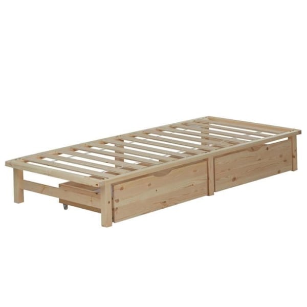 Puinen sänky 90 x 200, jossa on säilytyslaatikot ja lamellipatja.