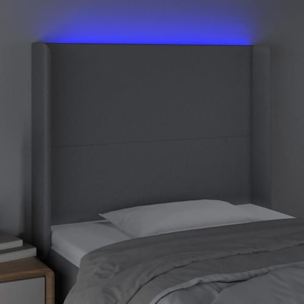 Hovedgærde til soveværelse med LED-møbel 103 x 16 x 118/128 lys grå stof Ljusgrått