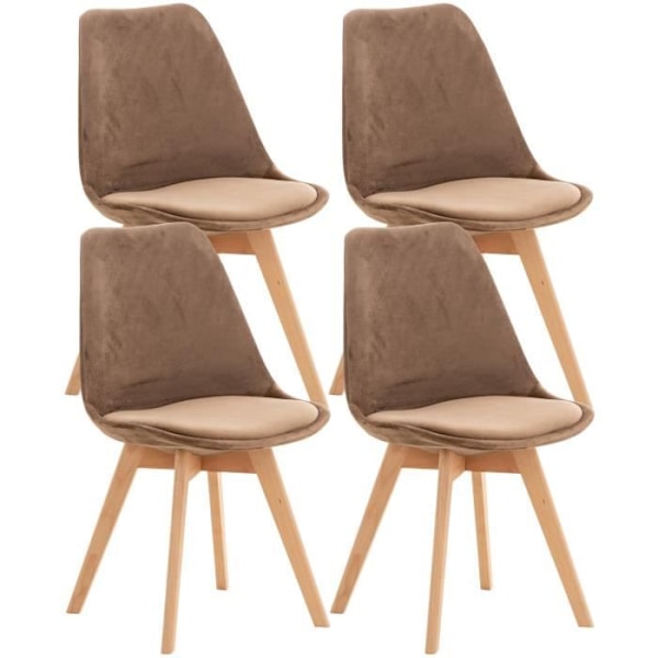 Set med 4 stolar i skandinavisk design för matrum i brunt sammetstyg med ljusa träben. kastanj