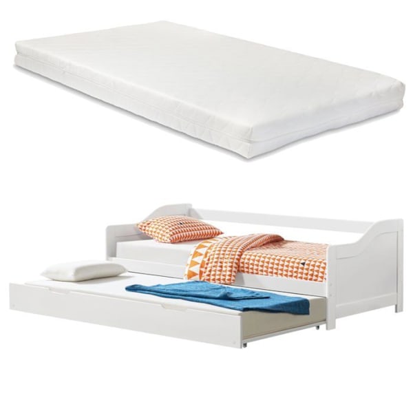Säng med utdragbar säng - Ej specificerat - 205x190,5 cm - Massivt trä - 2 platser - Madrass ingår Vit