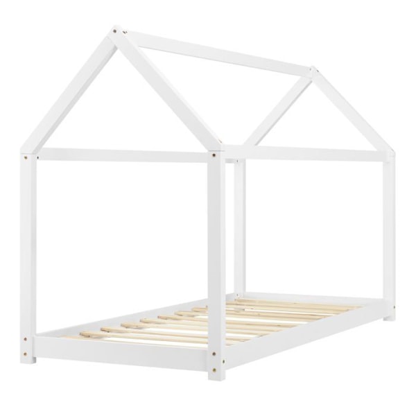 Barneseng - Hus - Hvidt træ - 90x200 cm - Med lameller - 1 plads Vit