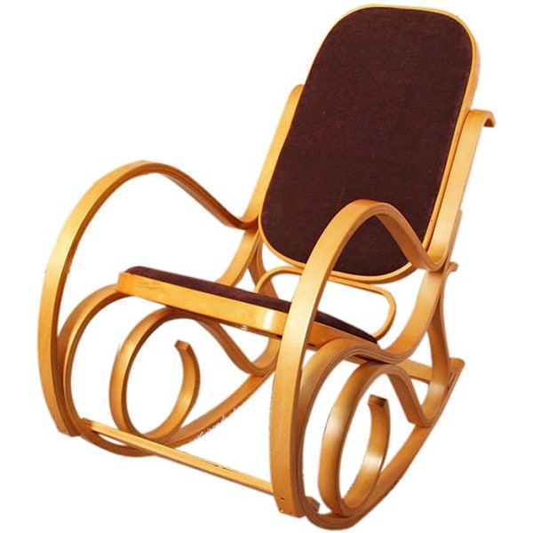 Svängstol i ljust trä med sittdyna i brun tyg