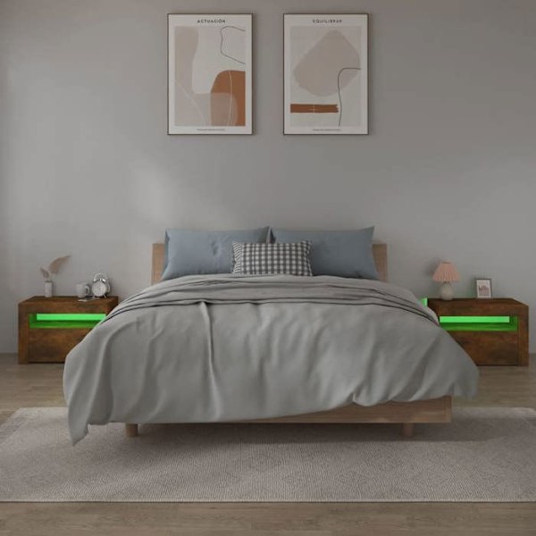2 kpl yöpöytiä LED-valolla ja säilytystilalla 60 x 35 x 40 cm ruskea ingenööripuu DEC034837 kastanj