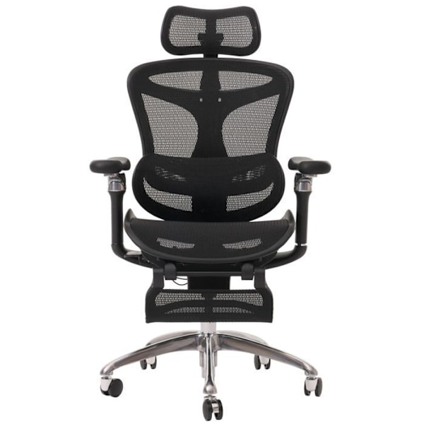 Drejebar kontorstol med ergonomisk lændestøtte, foldbar fodstøtte og justerbare armlæn, sort mesh 04_00062 Svart