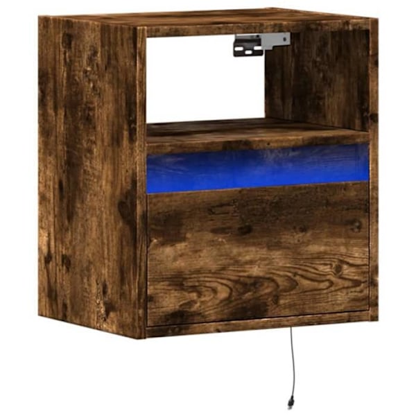 Vægmonteret natbord med LED-lys og skuffe 41 x 31 x 45 cm brun ingeniørtræ DEC034173 kastanj