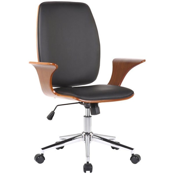 Klassisk og komfortabel kontorstol med ergonomisk ryg, justerbar højde i sort syntetisk materiale, træ og metal.