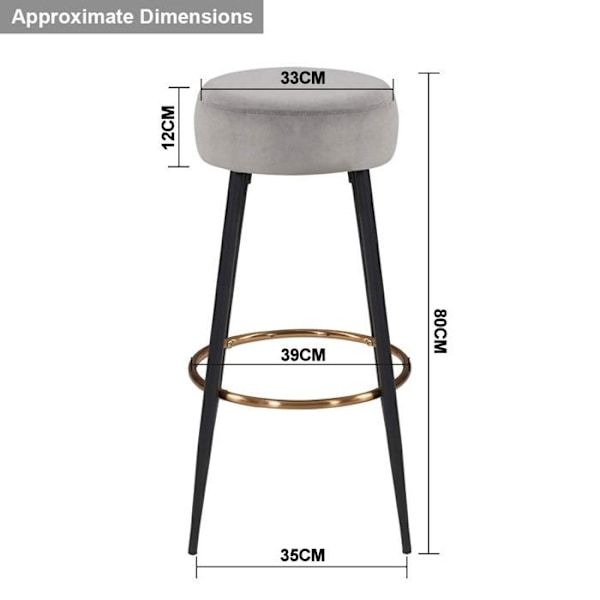 Barstolar - Décoshop26 - Set om 2 - Grå sammetstyg - Metallben - Fotstöd Grå