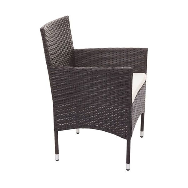 Havemøbler til balkon i brun polyrotin sofa, stole, bord, cremede puder