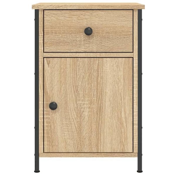 Yötaulukko, jossa on laatikko ja ovi-kompartimentti, mitat 40 x 42 x 60 cm, insinööri-puuta tammivärissä ja rautaa. DEC033870 kastanj