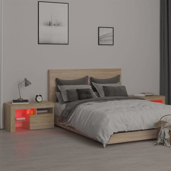 Sæt med 2 natborde med LED-lys og skab med dør 70 x 36,5 x 40 cm i ingeniørtræ farve eg DEC0354 kastanj