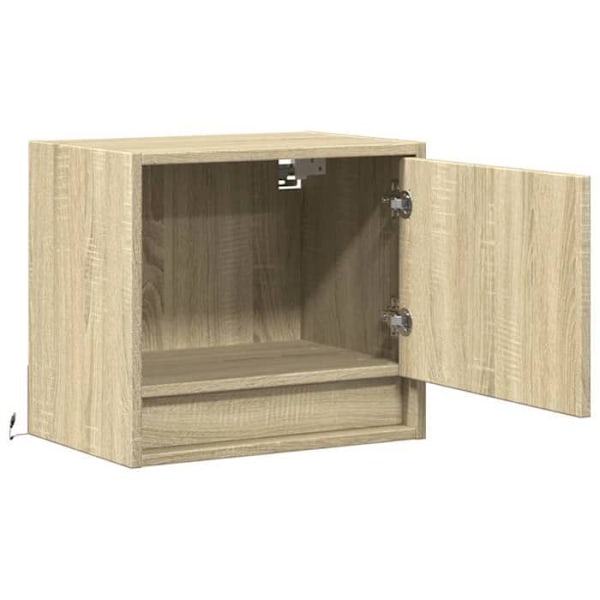 Væghængt natbord med LED-lys og skab med dør 45 x 31 x 40,5 cm i ingeniørtræ farve eg DEC034191 kastanj