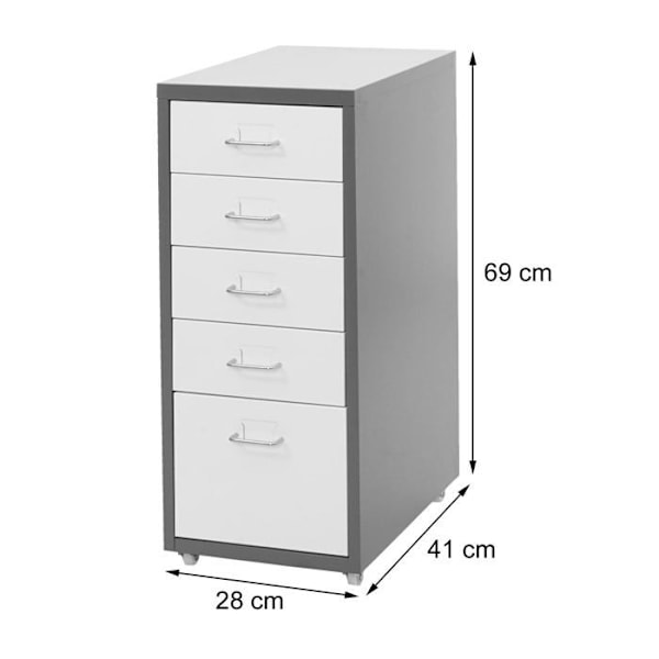 Caisson med skuffer på hjul, mærkeholder 69 x 28 x 41, 5 skuffer i rødt stål