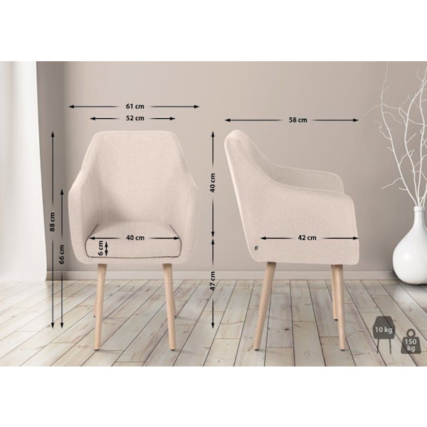 Lounge stol med armstøtter, fire robuste ben i lyst træ, sæde i beige stof 10_0003487 Beige