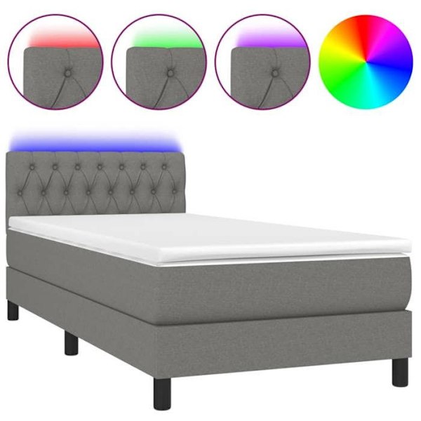 LED sängram med sängbotten, huvudgavel och madrass 90x200cm i mörkgrått tyg TDL0209387 Grå