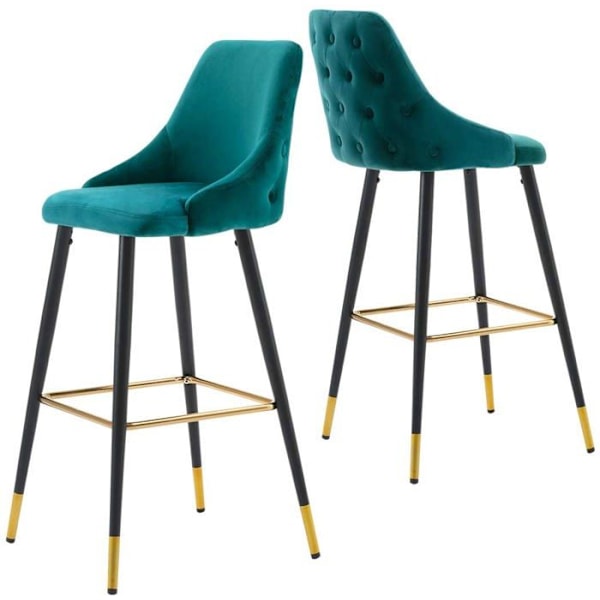2 barstole i petroleum-farvet velour med quilted ryg og sort og guld metal fodstøtte