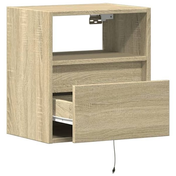 Væghængt natbord med LED-lys og skuffe 41 x 31 x 45 cm i ingeniørtræ farve eg DEC034190 kastanj