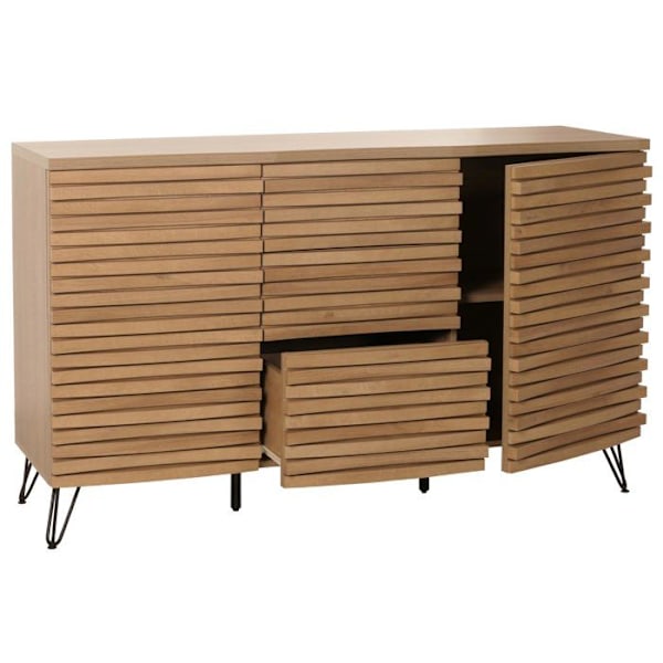Buffet, jossa on 2 ovea, 4 säilytysosaa ja 3 laatikkoa, massiivipuusta mangoa ja metallia, 85x142x44 cm 04_0006001 kastanj
