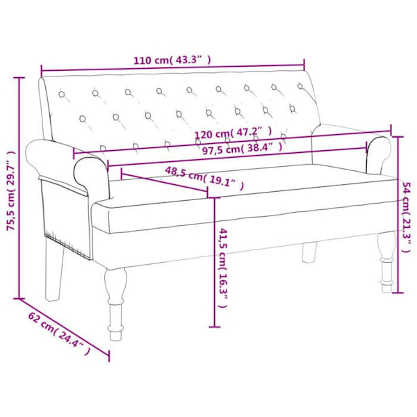 Bænk med rygstøtte, polstret og armlæn 120 x 62 x 75,5 cm sort stof DEC024657 Svart