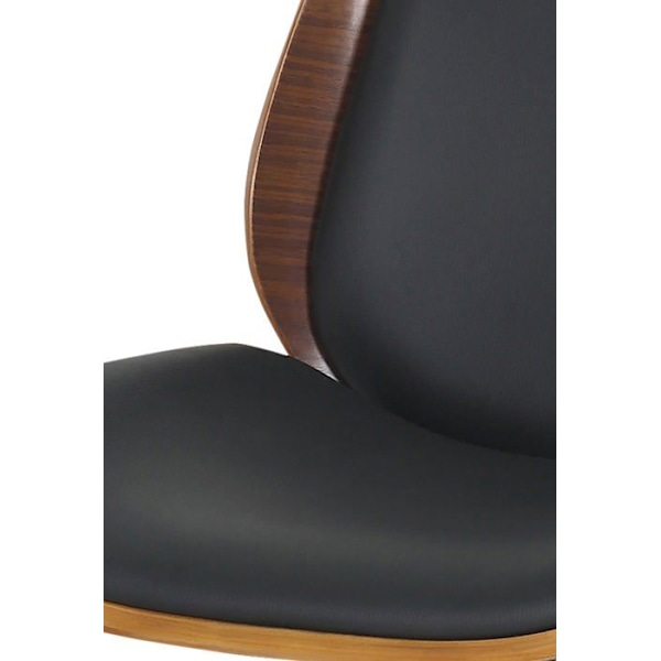 Kääntyvä ja säädettävä toimistotuoli pyörillä, moderni design, musta synteettinen materiaali, puu ja musta metalli.