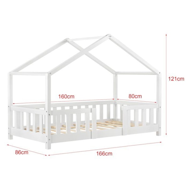 Litet barnkoja i husform med skyddande staket av vitt furuträ 80 x 160.