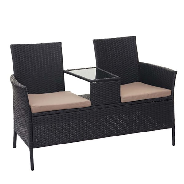 Banc i polyrotin med bord, stole og haveretter 132 sort, cremefarvet pude