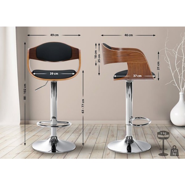 Barstol x1 skandinavisk design i sort PVC med valnødsstruktur og metalben i krom 10_0005042 kastanj