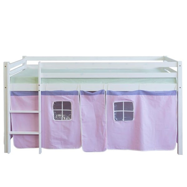 Lit mezzanine enfant - LIT06123 - Hvid - 90x200cm - Trappe i træ - Rosa lærred Lackad vit