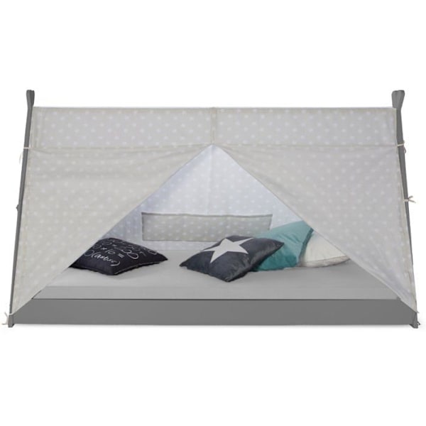 Lit til børn tipi indisk telt 90 x 200 cm i grå træ med stof og madras LIT06202